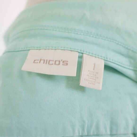 Chico's Size 1 Seafoam Green Full Zip Collared Jacket Waist Fitted Cotton Pocket - Picture 8 of 10